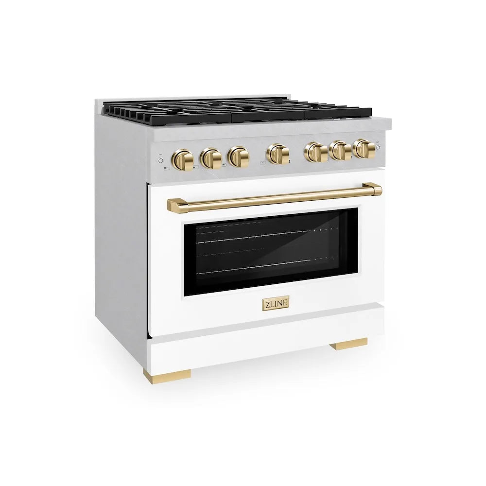 ZLINE Autograph Edition Paramount 36-inch range in satin stainless steel with white matte door and polished gold accents SDRSZ-WM-36-G