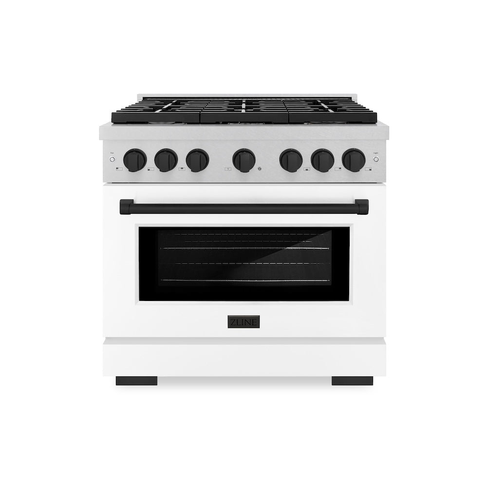 ZLINE Autograph Edition Paramount 36-inch range in satin stainless steel with white matte door and matte black accents SDRSZ-WM-36-MB, front view