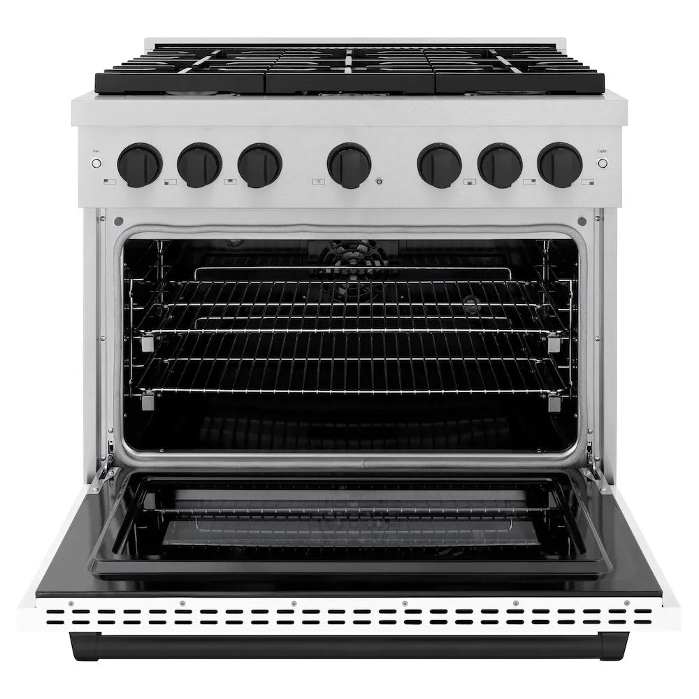 ZLINE Autograph Edition Paramount 36-inch range in satin stainless steel with white matte door and matte black accents SDRSZ-WM-36-MB, front view
