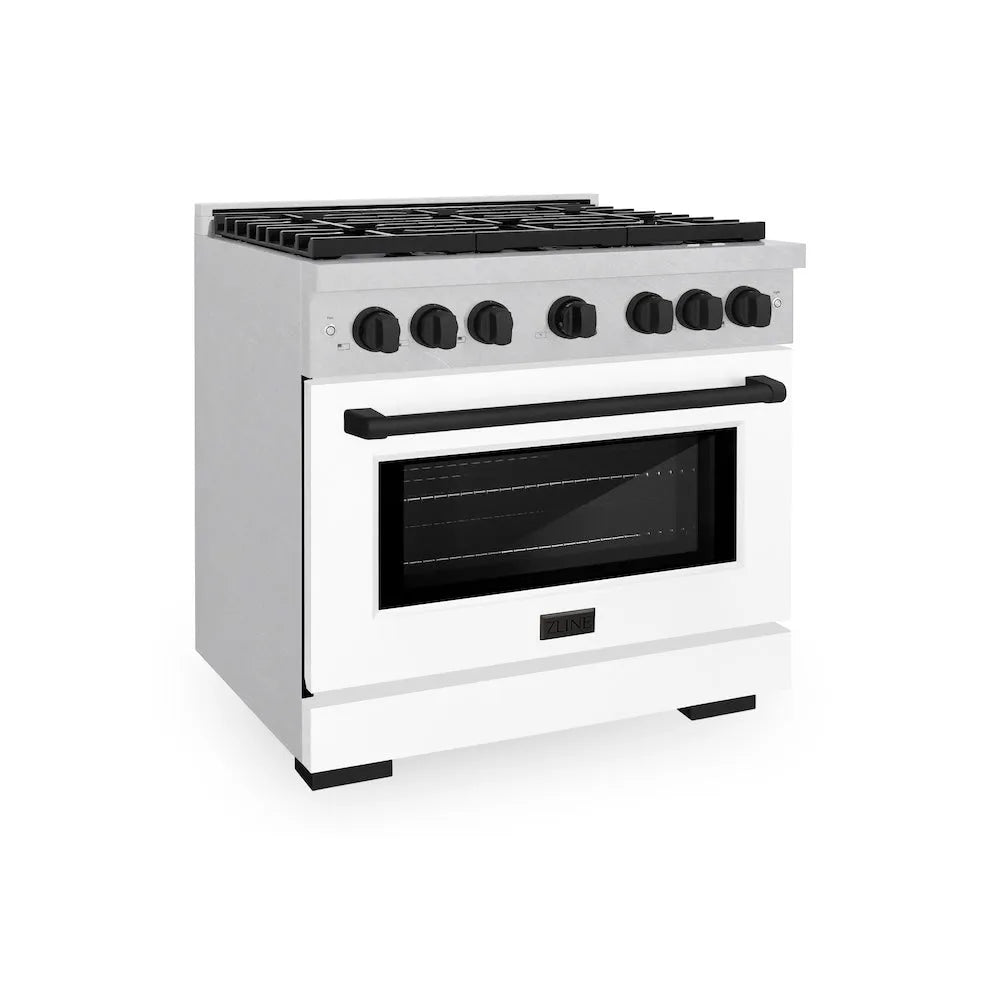 ZLINE Autograph Edition Paramount 36-inch range in satin stainless steel with white matte door and matte black accents SDRSZ-WM-36-MB