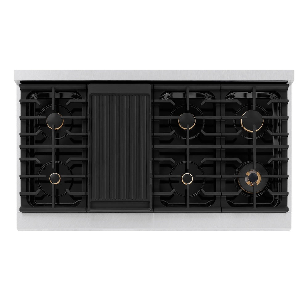 ZLINE Autograph Edition Paramount 48-inch range in satin stainless steel with white matte door and champagne bronze accents SDRSZ-WM-48-CB, from above