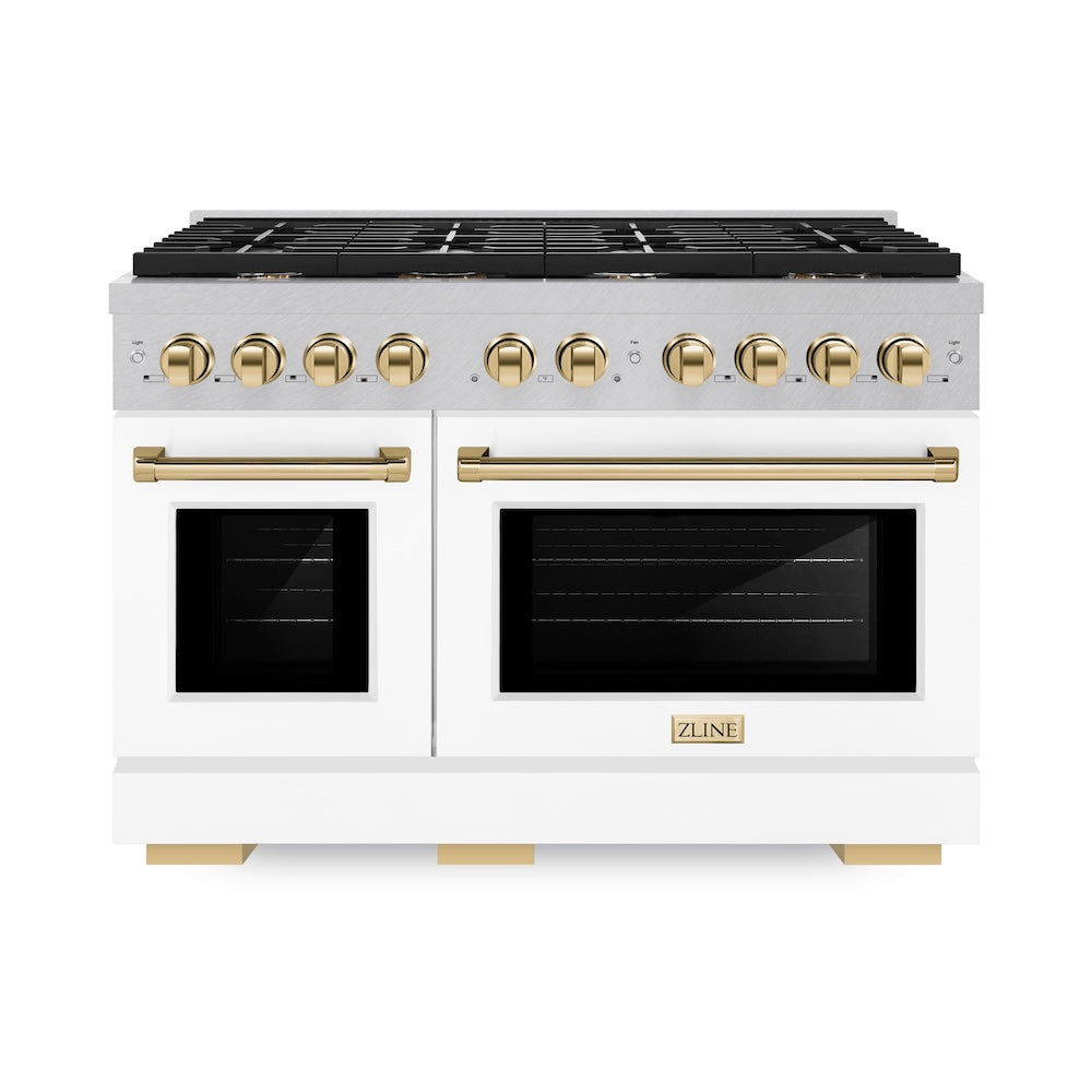 ZLINE Autograph Edition Paramount 48-inch range in satin stainless steel with white matte door and polished gold accents SDRSZ-WM-48-G, front view