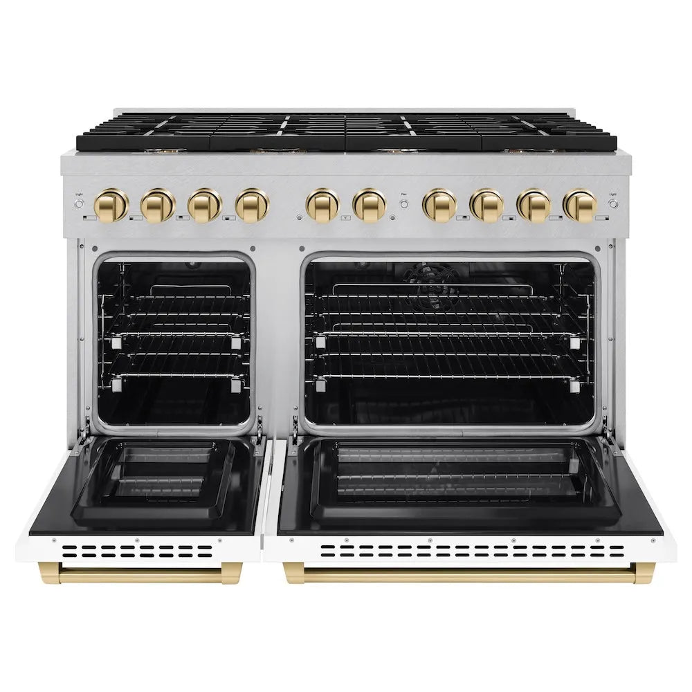 ZLINE Autograph Edition Paramount 48-inch range in satin stainless steel with white matte door and polished gold accents SDRSZ-WM-48-G, front view