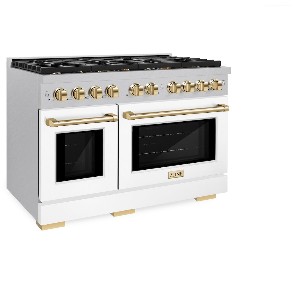 ZLINE Autograph Edition Paramount 48-inch range in satin stainless steel with white matte door and polished gold accents SDRSZ-WM-48-G, view 4