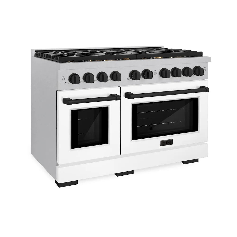 ZLINE Autograph Edition Paramount 48-inch range in satin stainless steel with white matte door and matte black accents SDRSZ-WM-48-MB