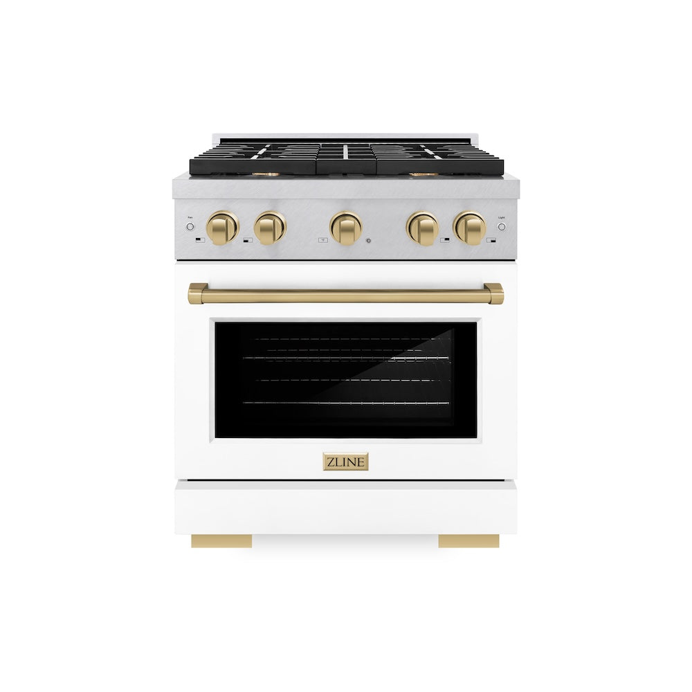 ZLINE Autograph Edition Paramount 30-inch range in satin stainless steel with white matte door and champagne bronze accents SGRSZ-WM-30-CB, front view