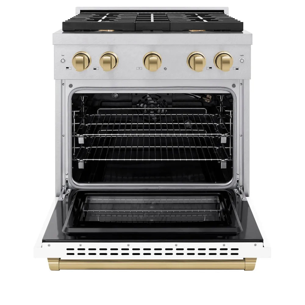 ZLINE Autograph Edition Paramount 30-inch range in satin stainless steel with white matte door and champagne bronze accents SGRSZ-WM-30-CB, front view