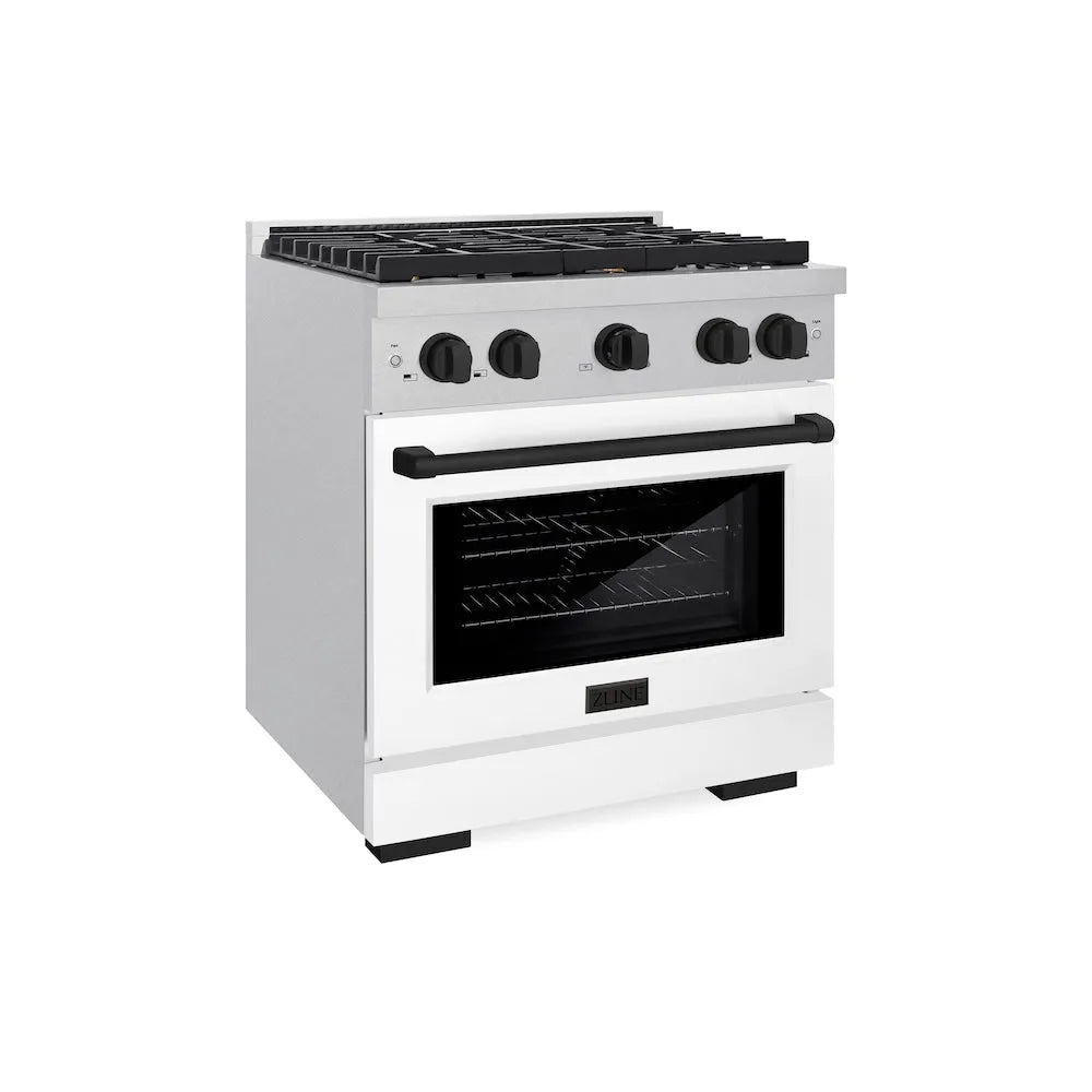 ZLINE Autograph Edition Paramount 30-inch range in satin stainless steel with white matte door and matte black accents SGRSZ-WM-30-MB