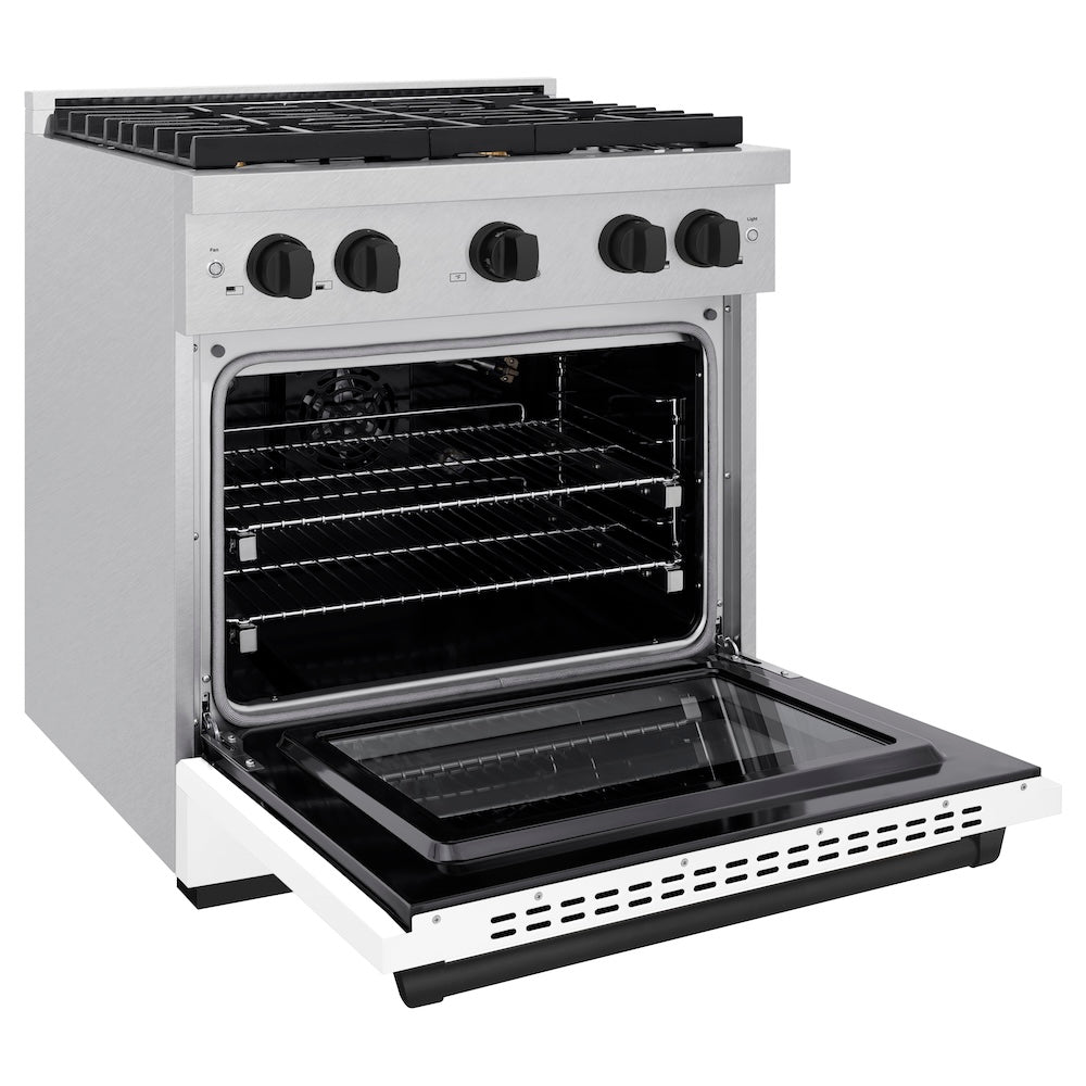 ZLINE Autograph Edition Paramount 30-inch range in satin stainless steel with white matte door and matte black accents SGRSZ-WM-30-MB, door open