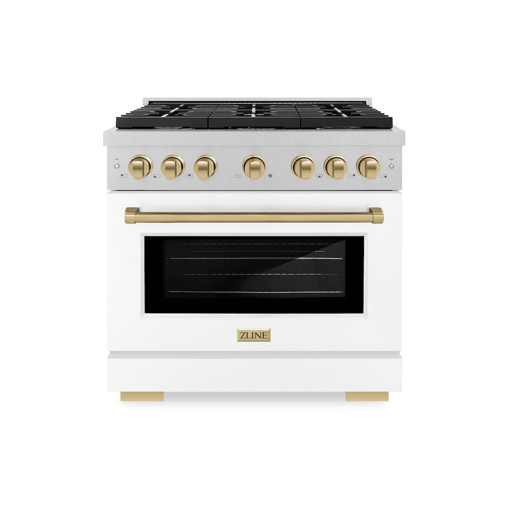 ZLINE Autograph Edition Paramount 36-inch range in satin stainless steel with white matte door and champagne bronze accents SGRSZ-WM-36-CB, front view