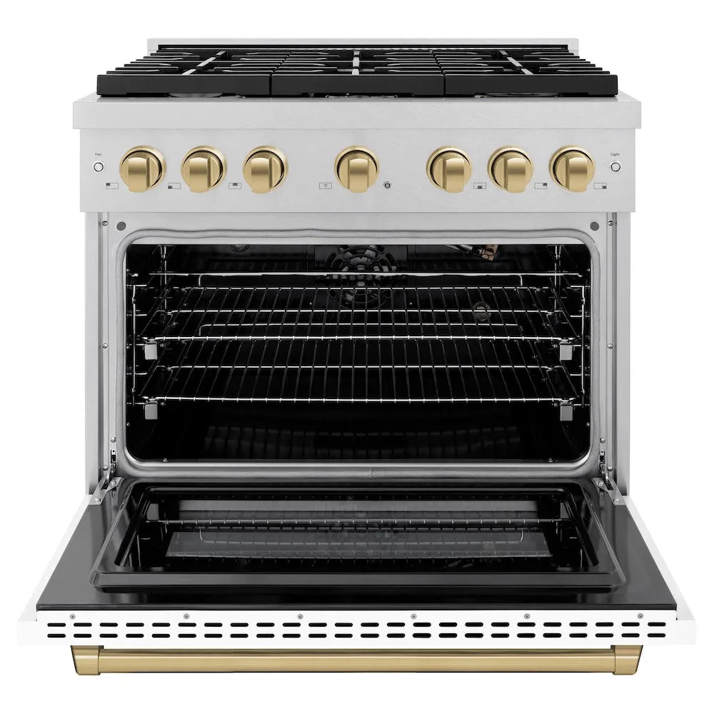 ZLINE Autograph Edition Paramount 36-inch range in satin stainless steel with white matte door and champagne bronze accents SGRSZ-WM-36-CB, front view