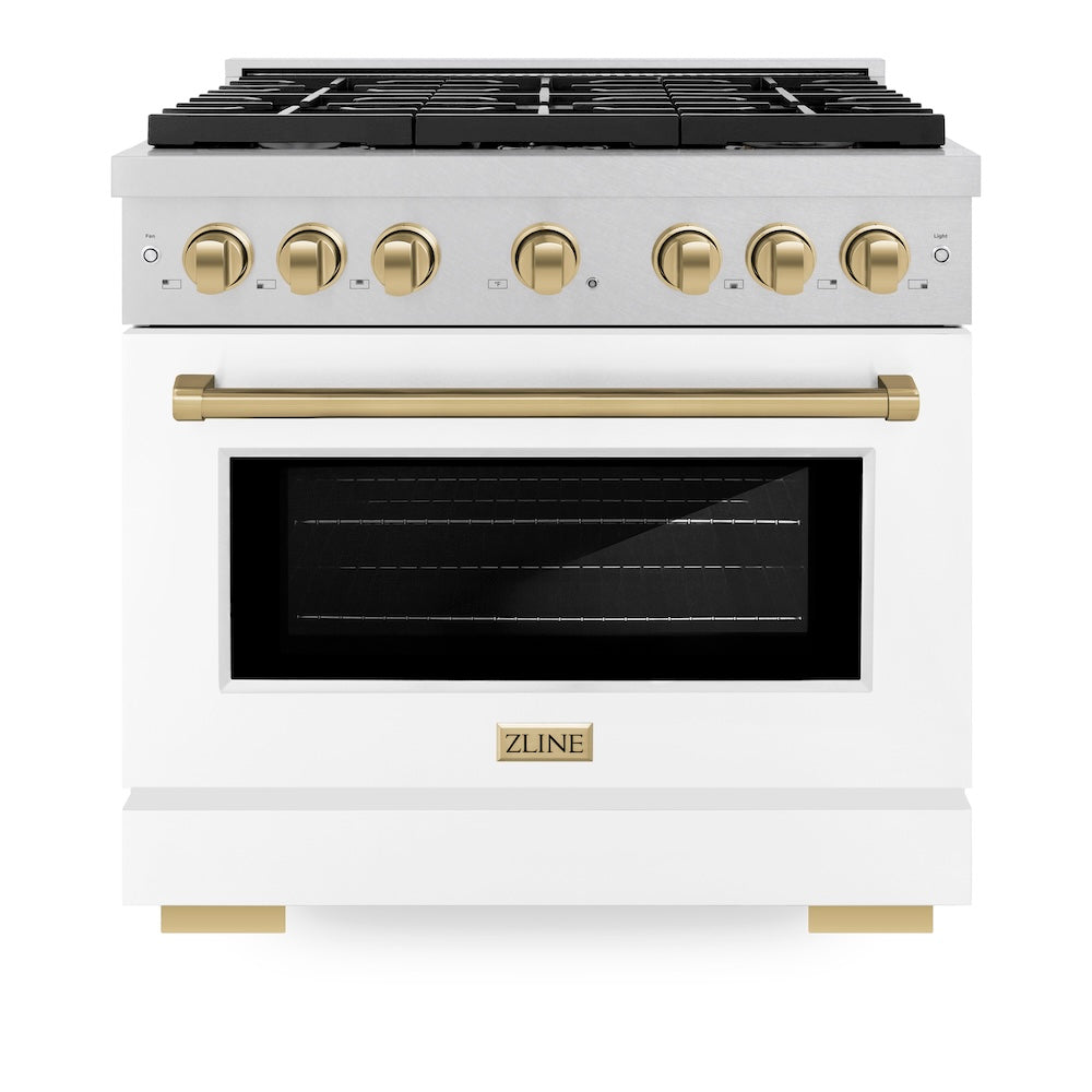 ZLINE Autograph Edition Paramount 36-inch range in satin stainless steel with white matte door and champagne bronze accents SGRSZ-WM-36-CB, front view