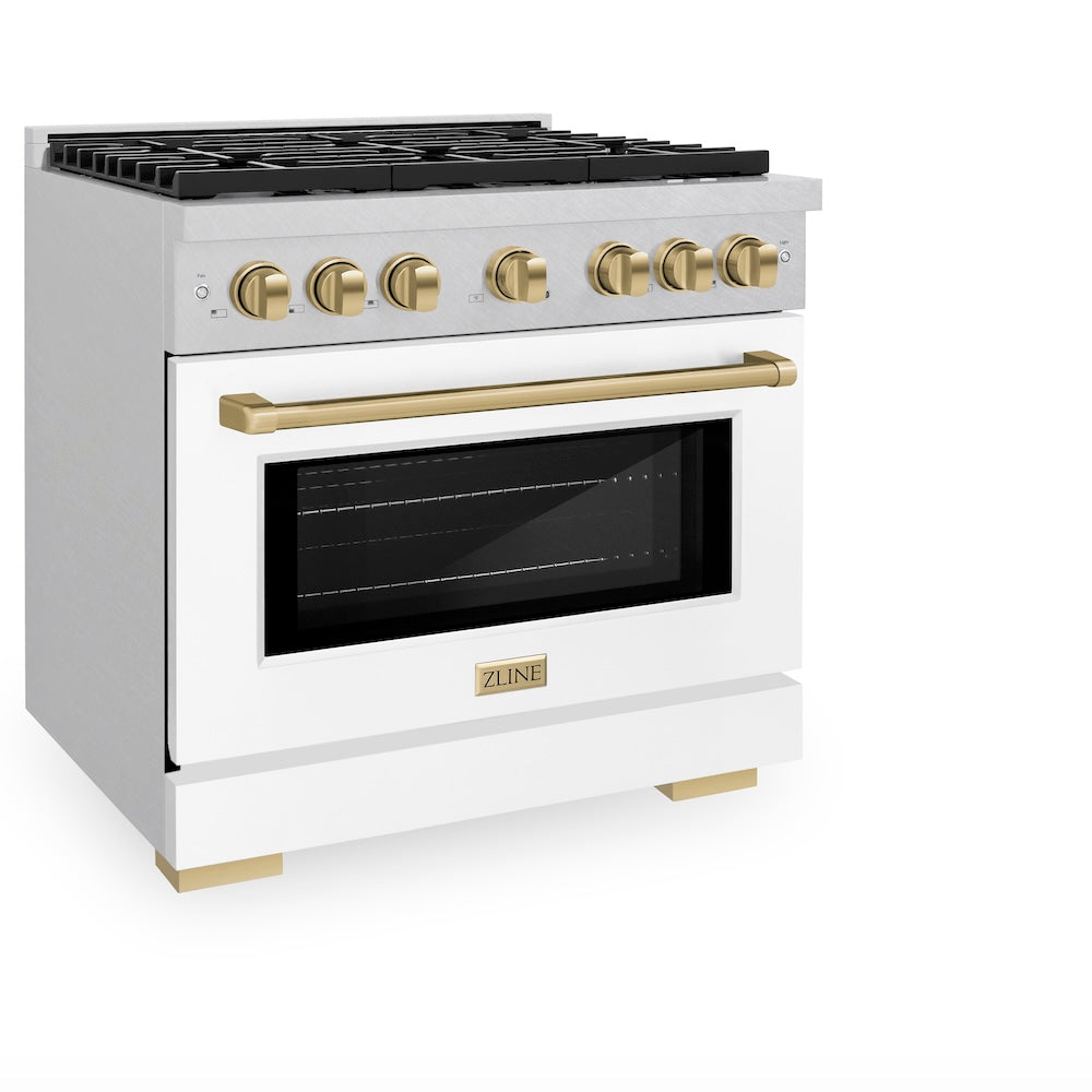ZLINE Autograph Edition Paramount 36-inch range in satin stainless steel with white matte door and champagne bronze accents SGRSZ-WM-36-CB, view 5