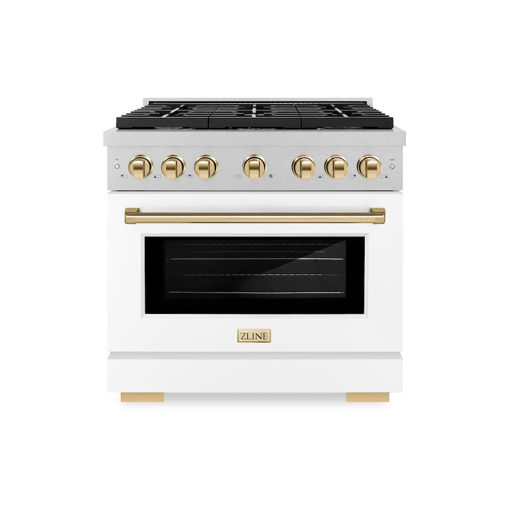 ZLINE Autograph Edition Paramount 36-inch range in satin stainless steel with white matte door and polished gold accents SGRSZ-WM-36-G, front view
