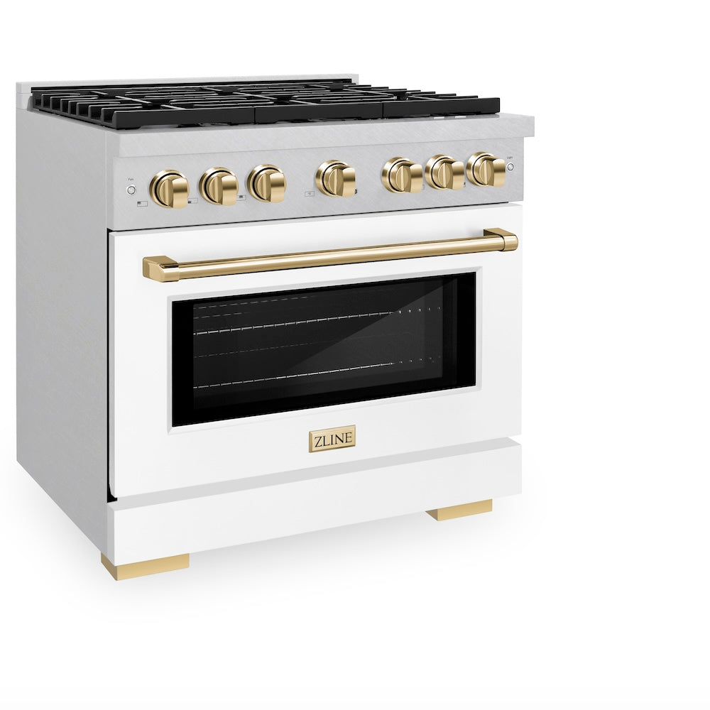 ZLINE Autograph Edition Paramount 36-inch range in satin stainless steel with white matte door and polished gold accents SGRSZ-WM-36-G, view 5