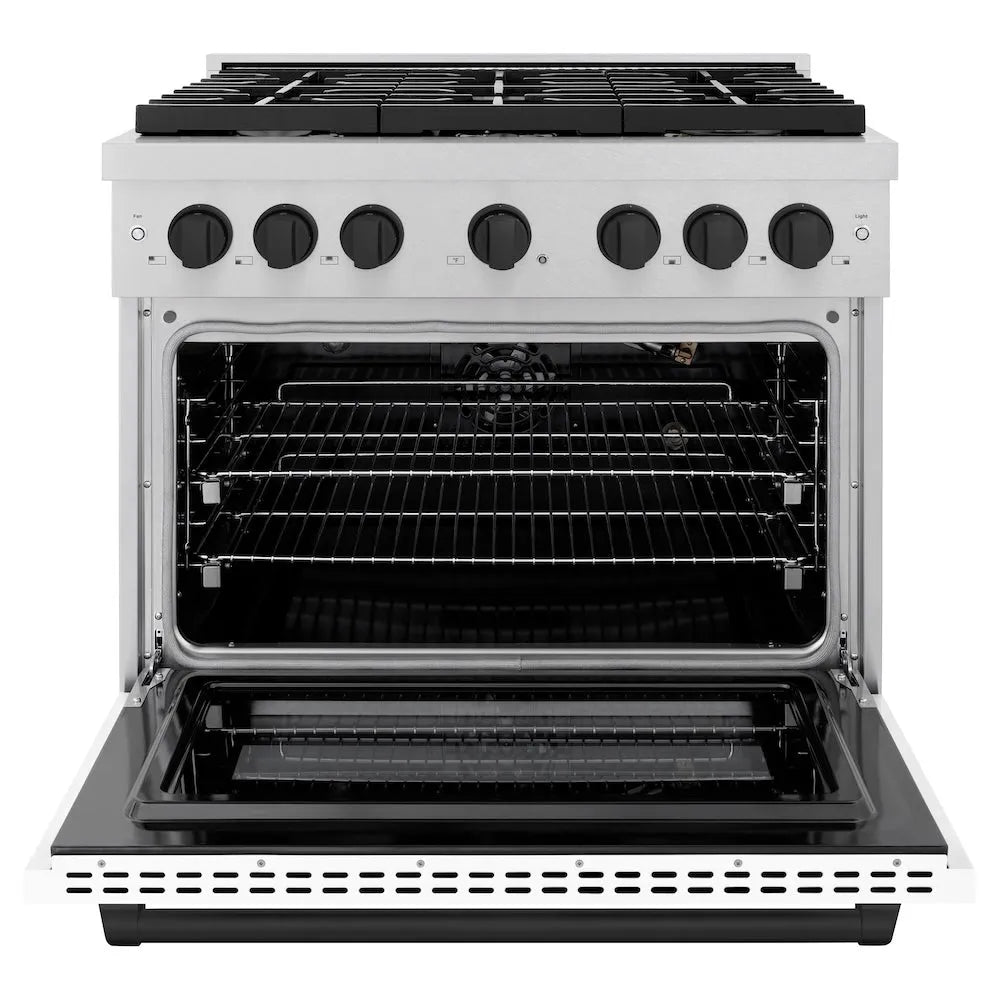 ZLINE Autograph Edition Paramount 36-inch range in satin stainless steel with white matte door and matte black accents SGRSZ-WM-36-MB, front view