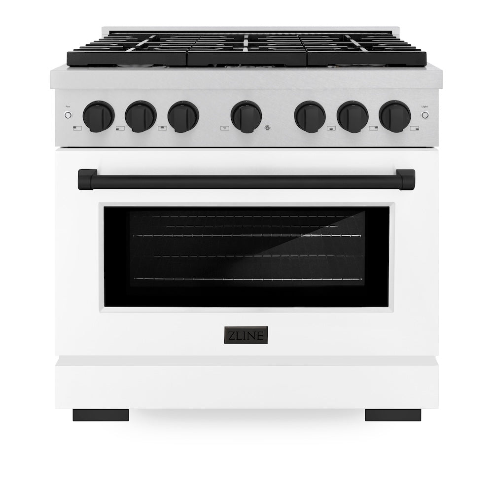 ZLINE Autograph Edition Paramount 36-inch range in satin stainless steel with white matte door and matte black accents SGRSZ-WM-36-MB, front view