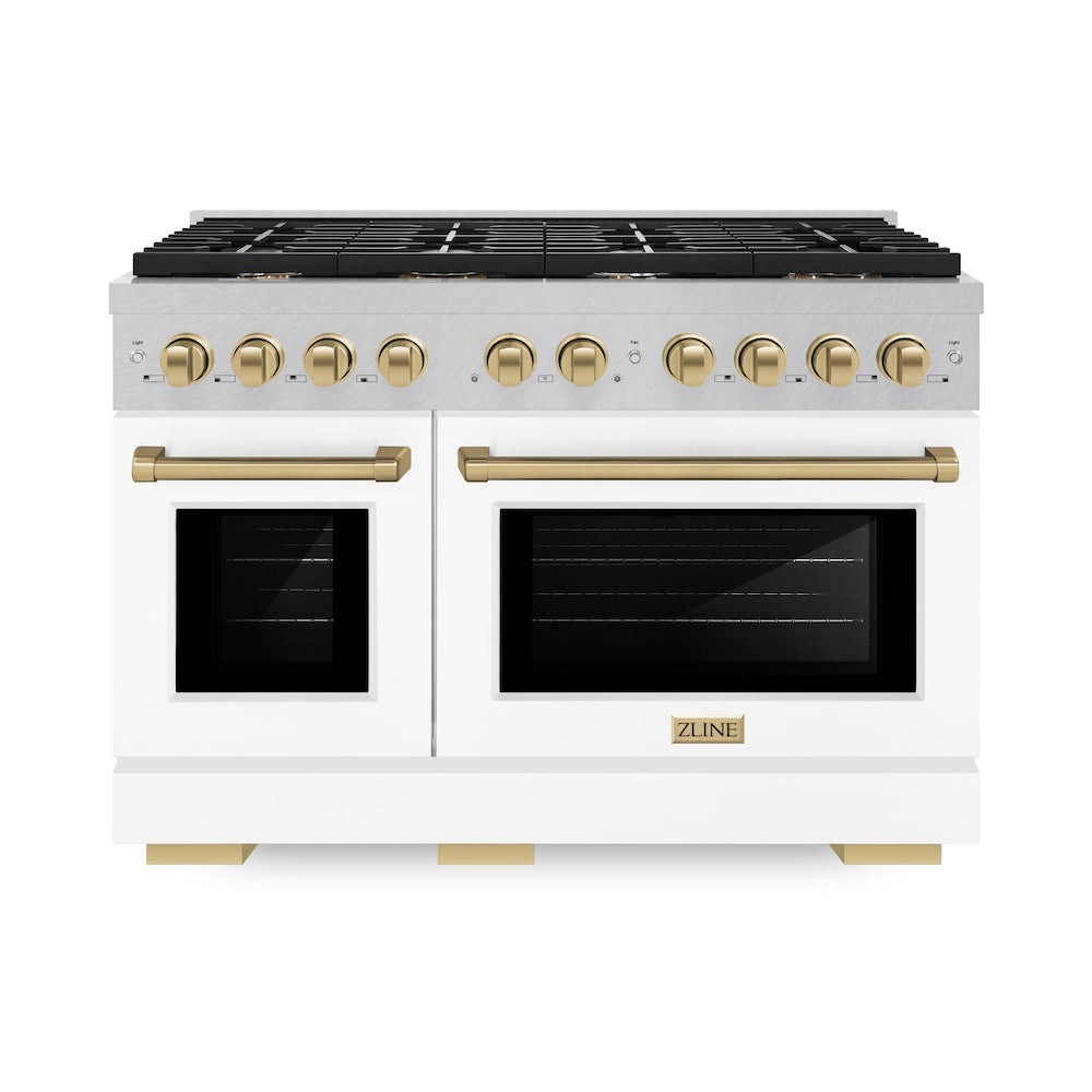 ZLINE Autograph Edition Paramount 48-inch range in satin stainless steel with white matte door and champagne bronze accents SGRSZ-WM-48-CB, front view