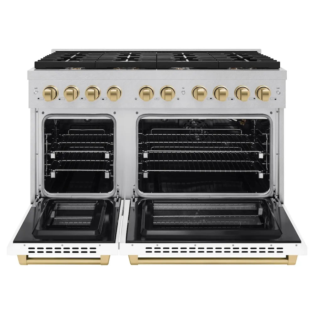 ZLINE Autograph Edition Paramount 48-inch range in satin stainless steel with white matte door and champagne bronze accents SGRSZ-WM-48-CB, front view
