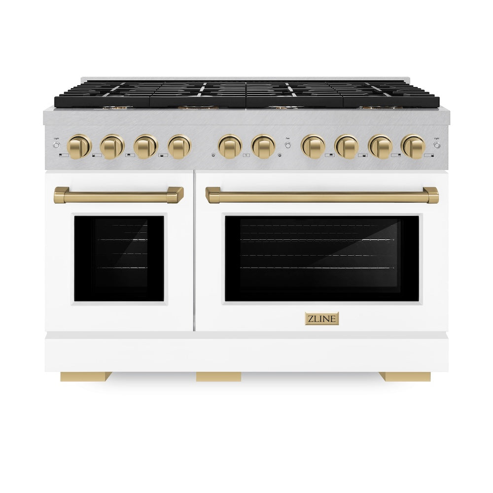 ZLINE Autograph Edition Paramount 48-inch range in satin stainless steel with white matte door and champagne bronze accents SGRSZ-WM-48-CB, front view