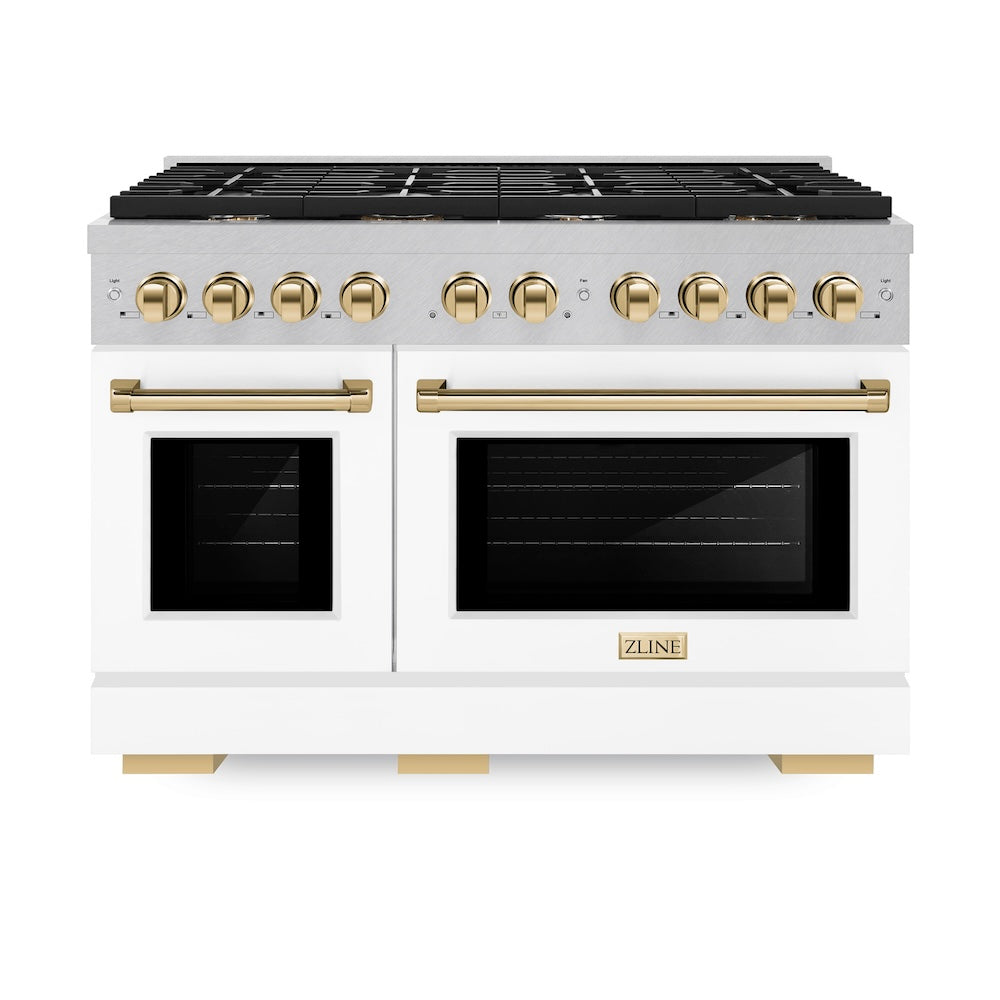 ZLINE Autograph Edition Paramount 48-inch range in satin stainless steel with white matte door and polished gold accents SGRSZ-WM-48-G, front view