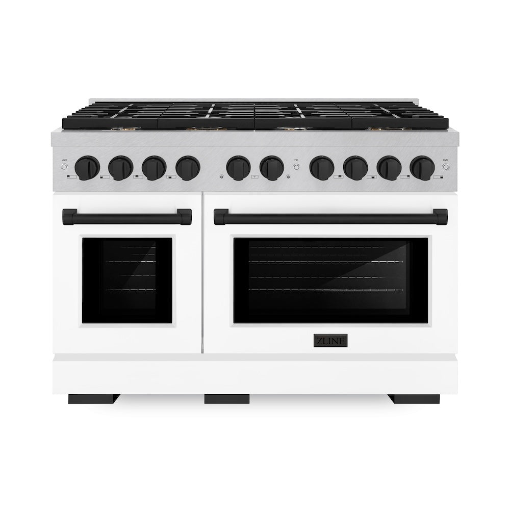 ZLINE Autograph Edition Paramount 48-inch range in satin stainless steel with white matte door and matte black accents SGRSZ-WM-48-MB, front view