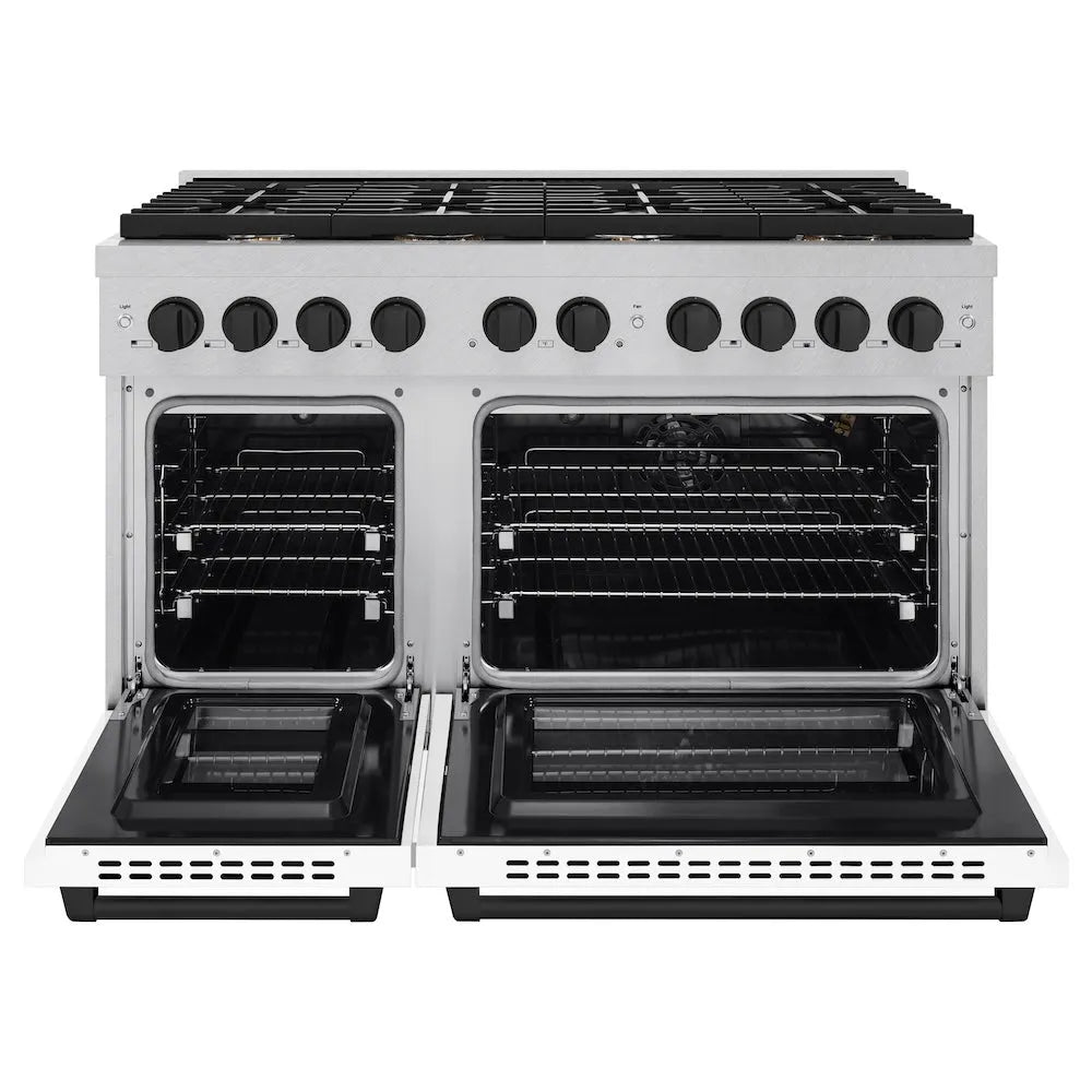 ZLINE Autograph Edition Paramount 48-inch range in satin stainless steel with white matte door and matte black accents SGRSZ-WM-48-MB, front view