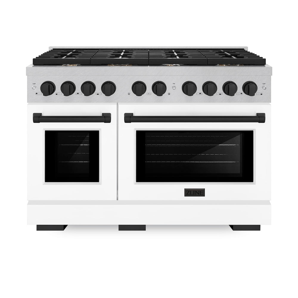 ZLINE Autograph Edition Paramount 48-inch range in satin stainless steel with white matte door and matte black accents SGRSZ-WM-48-MB, front view