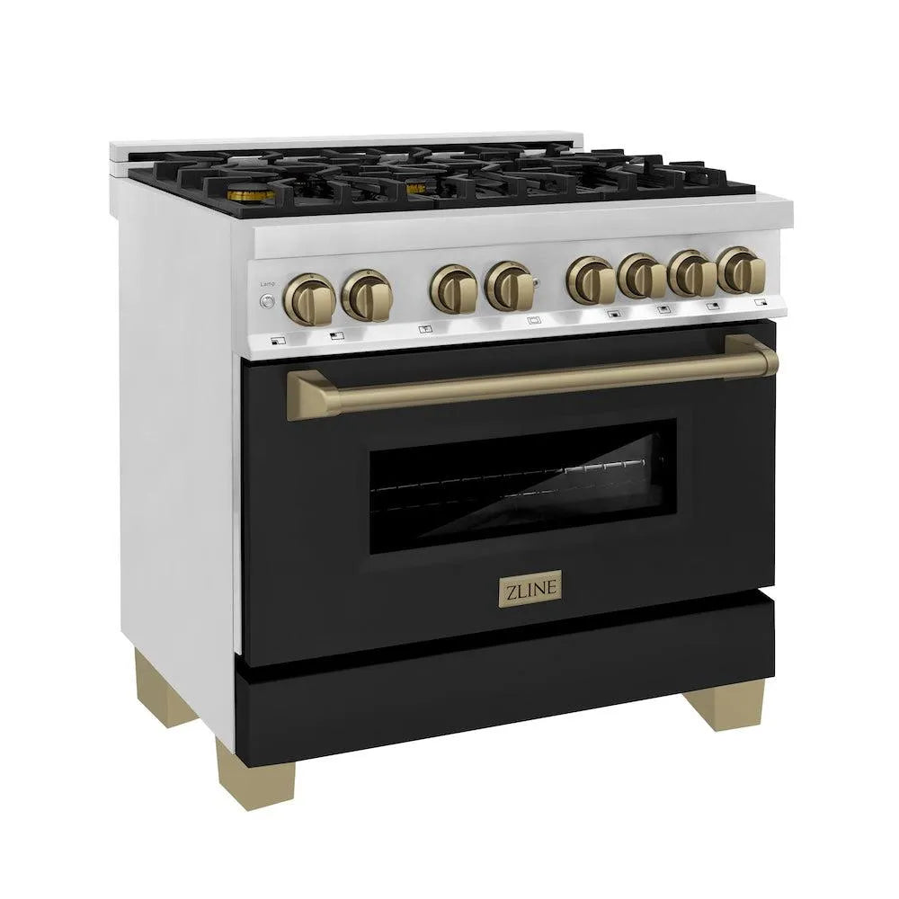ZLINE Autograph Edition Legacy 36-inch range in stainless steel with black matte door and champagne bronze accents RAZ-BLM-36-CB