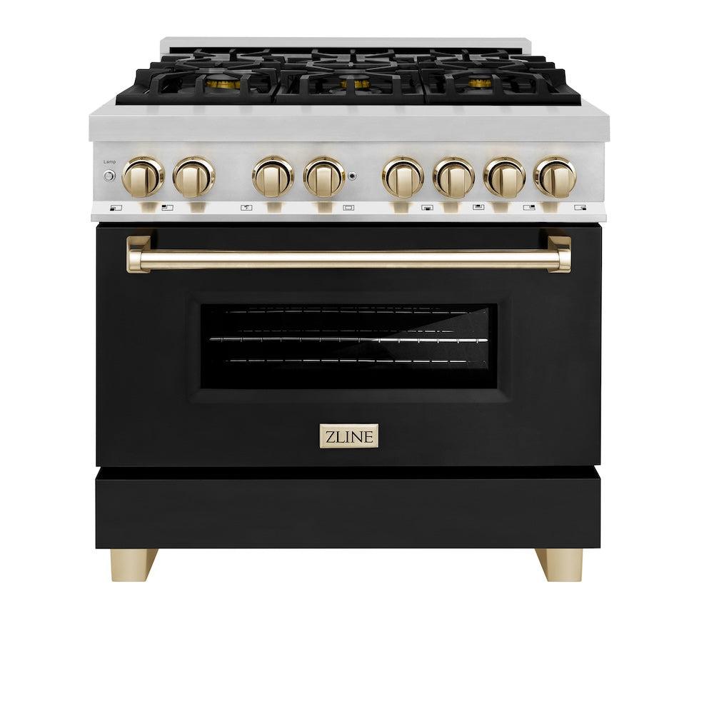 ZLINE Autograph Edition Legacy 36-inch range in stainless steel with black matte door and polished gold accents RAZ-BLM-36-G, front view