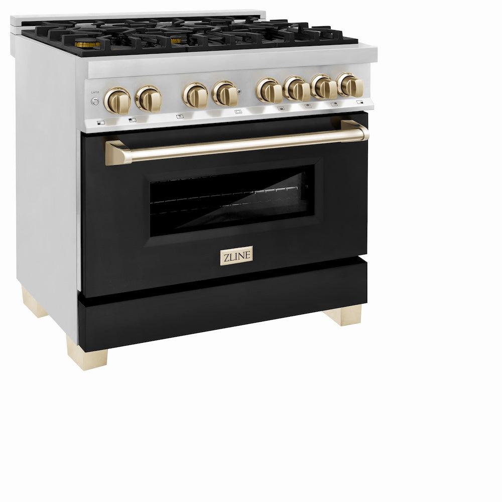 ZLINE Autograph Edition Legacy 36-inch range in stainless steel with black matte door and polished gold accents RAZ-BLM-36-G, view 4