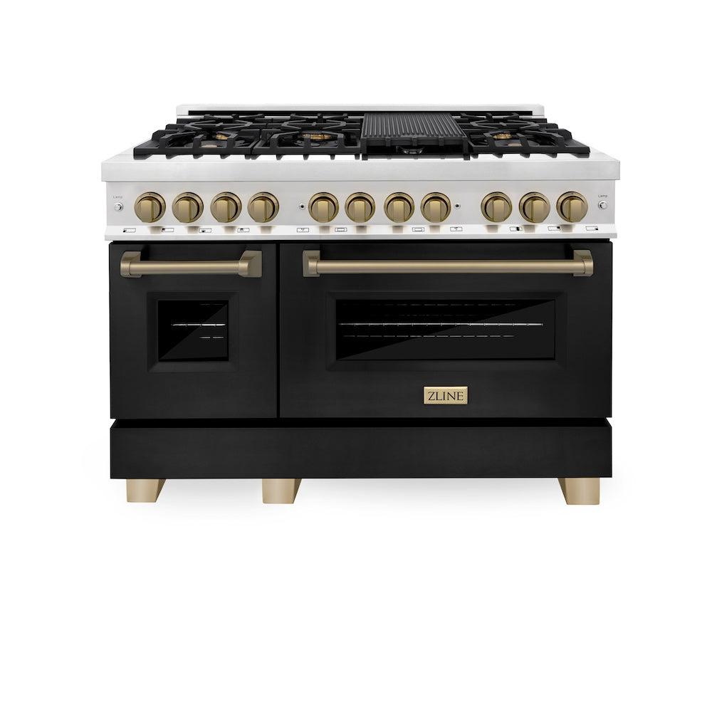 ZLINE Autograph Edition Legacy 48-inch range in stainless steel with black matte door and champagne bronze accents RAZ-BLM-48-CB, front view
