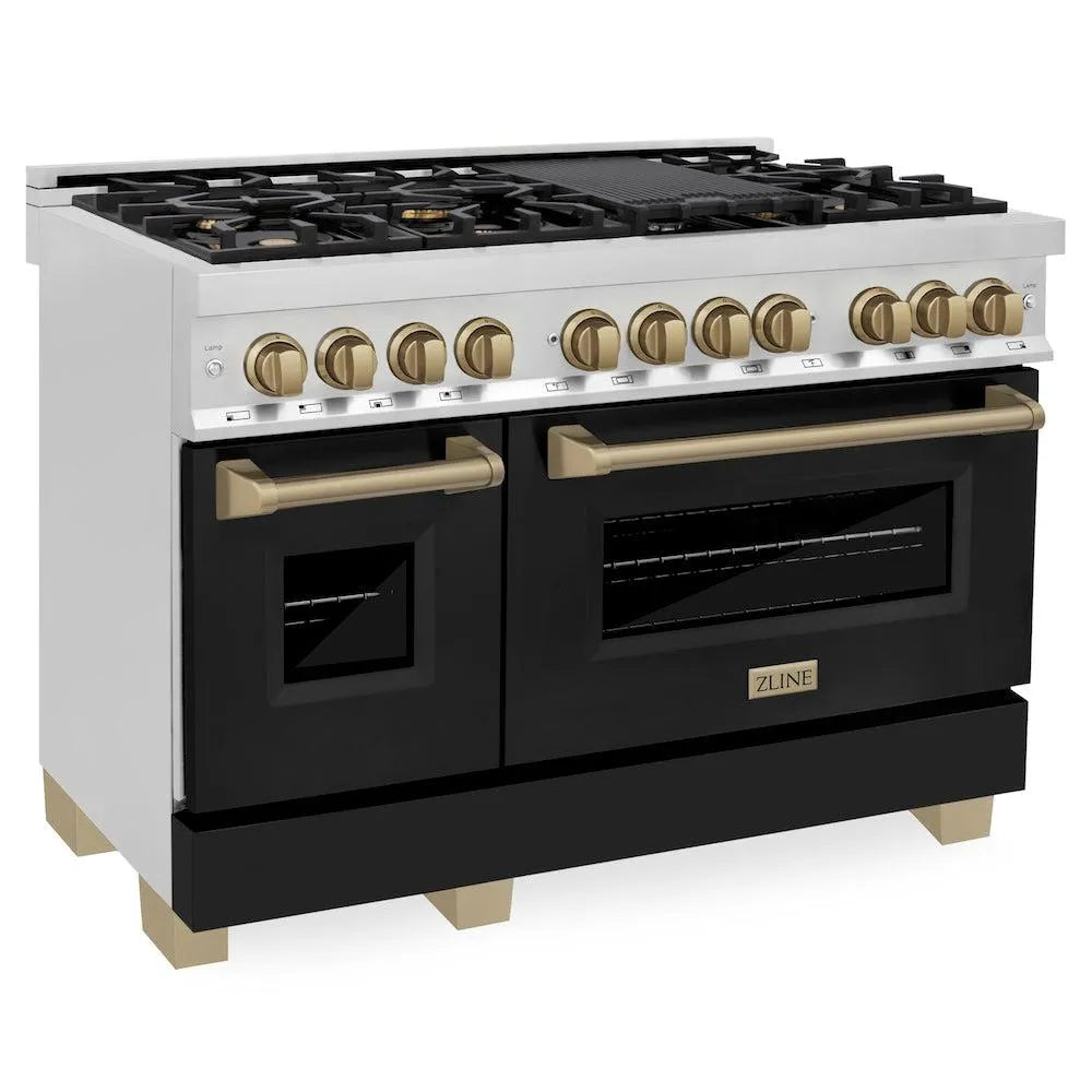 ZLINE Autograph Edition Legacy 48-inch range in stainless steel with black matte door and champagne bronze accents RAZ-BLM-48-CB
