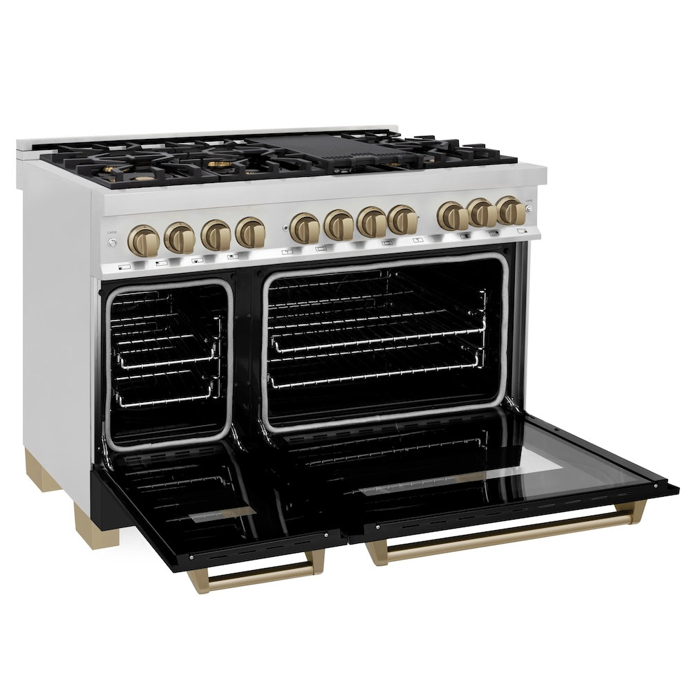 ZLINE Autograph Edition Legacy 48-inch range in stainless steel with black matte door and champagne bronze accents RAZ-BLM-48-CB, door open