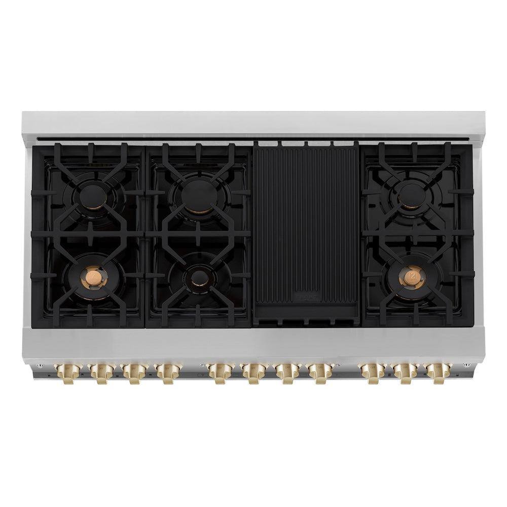 ZLINE Autograph Edition Legacy 48-inch range in stainless steel with black matte door and champagne bronze accents RAZ-BLM-48-CB, from above