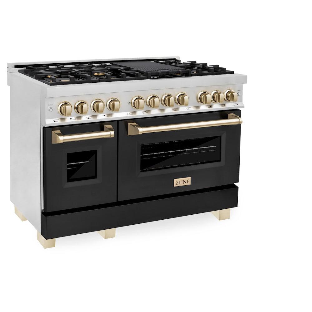 ZLINE Autograph Edition Legacy 48-inch range in stainless steel with black matte door and polished gold accents RAZ-BLM-48-G, view 4