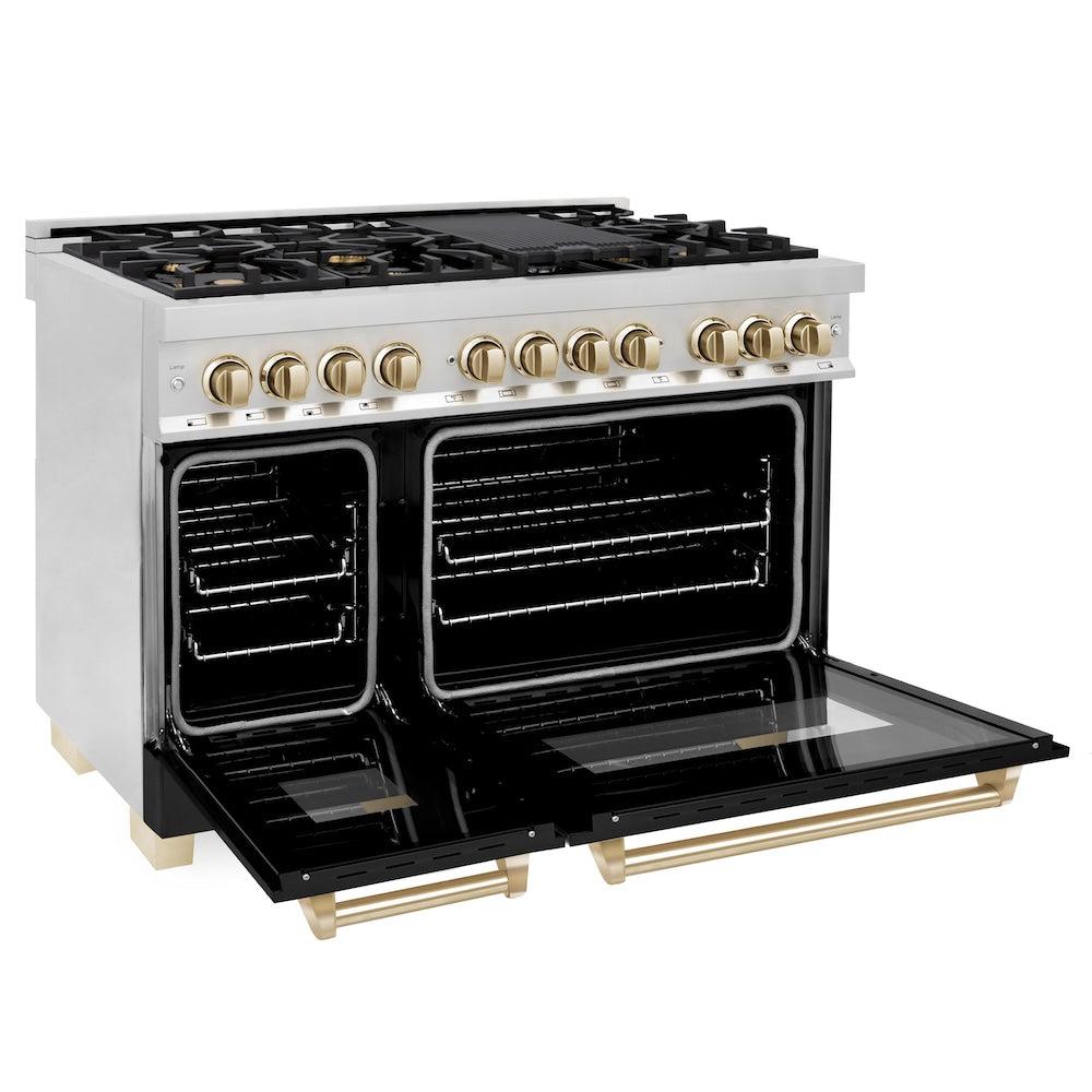 ZLINE Autograph Edition Legacy 48-inch range in stainless steel with black matte door and polished gold accents RAZ-BLM-48-G, door open