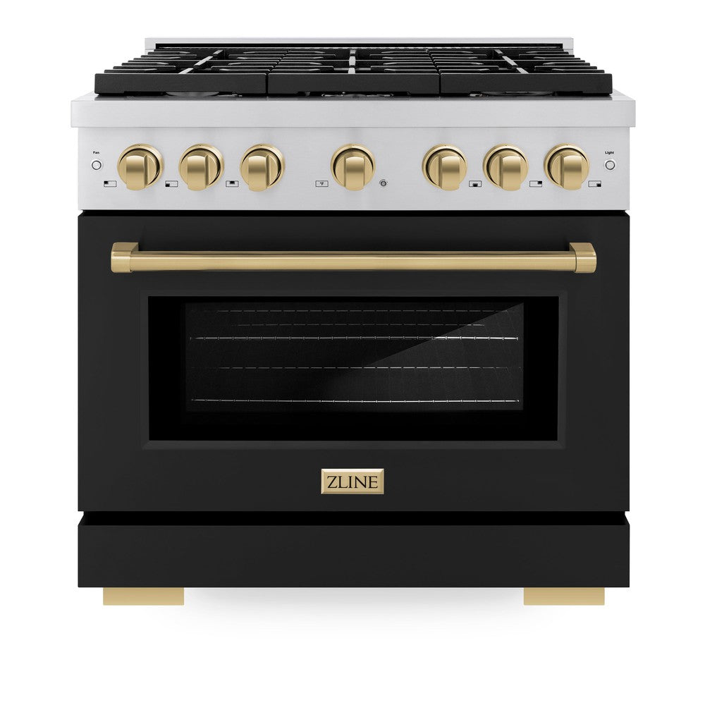 ZLINE Autograph Edition Paramount 36-inch range in stainless steel with black matte door and champagne bronze accents SDRZ-BLM-36-CB, front view
