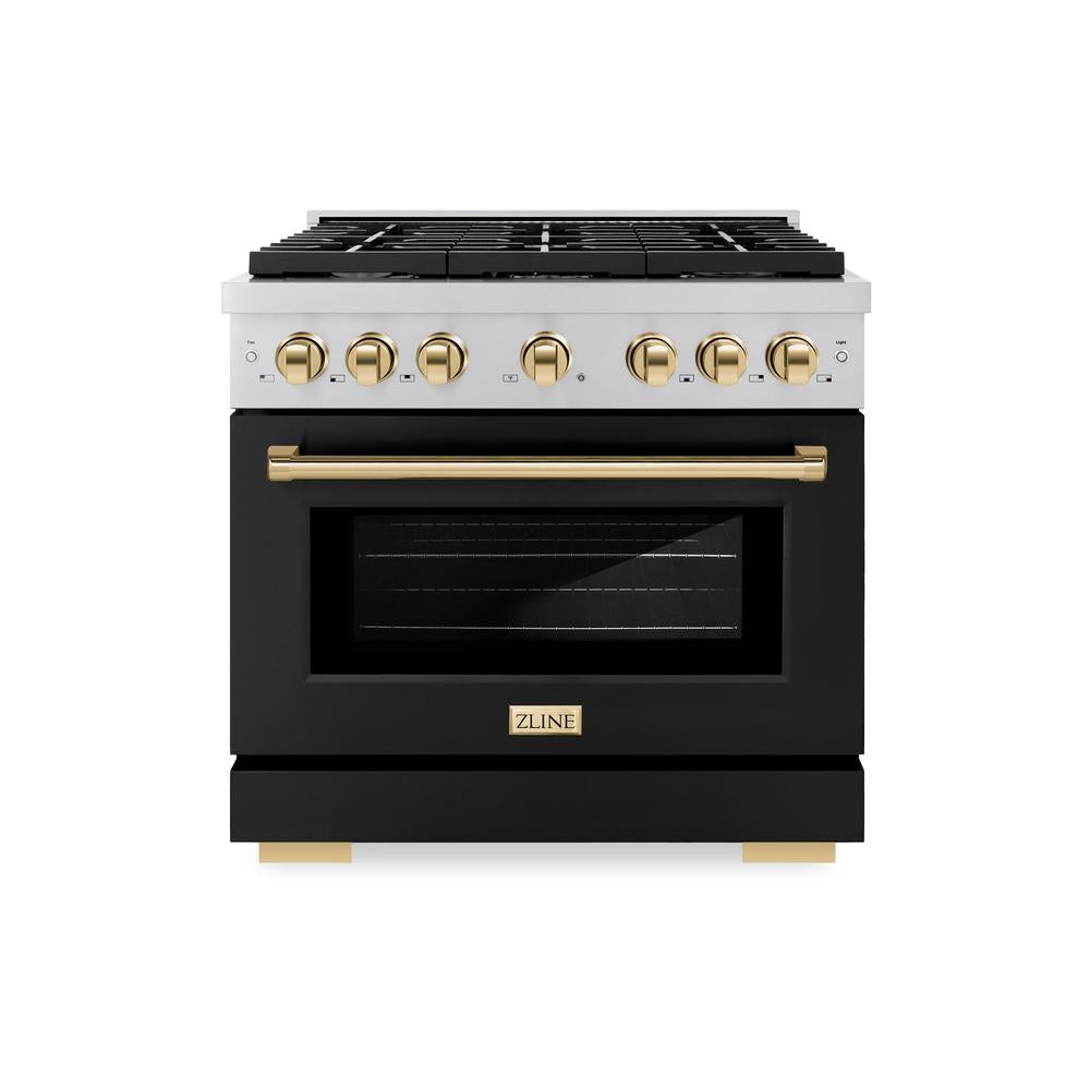 ZLINE Autograph Edition Paramount 36-inch range in stainless steel with black matte door and polished gold accents SDRZ-BLM-36-G, front view