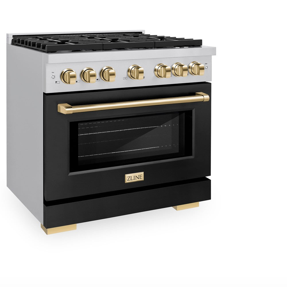 ZLINE Autograph Edition Paramount 36-inch range in stainless steel with black matte door and polished gold accents SDRZ-BLM-36-G, view 3