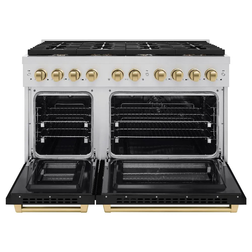 ZLINE Autograph Edition Paramount 48-inch range in stainless steel with black matte door and champagne bronze accents SDRZ-BLM-48-CB, front view
