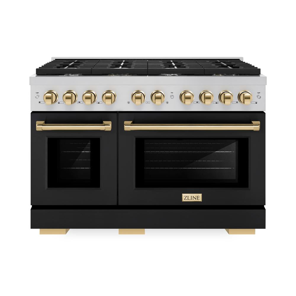 ZLINE Autograph Edition Paramount 48-inch range in stainless steel with black matte door and polished gold accents SDRZ-BLM-48-G, front view