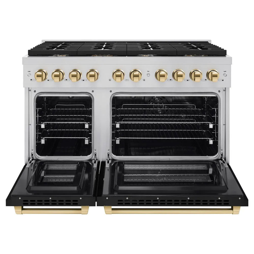 ZLINE Autograph Edition Paramount 48-inch range in stainless steel with black matte door and polished gold accents SDRZ-BLM-48-G, front view