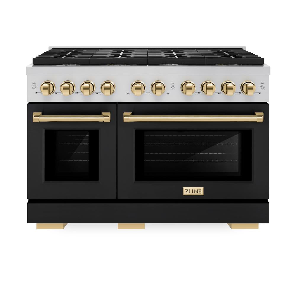 ZLINE Autograph Edition Paramount 48-inch range in stainless steel with black matte door and polished gold accents SDRZ-BLM-48-G, front view