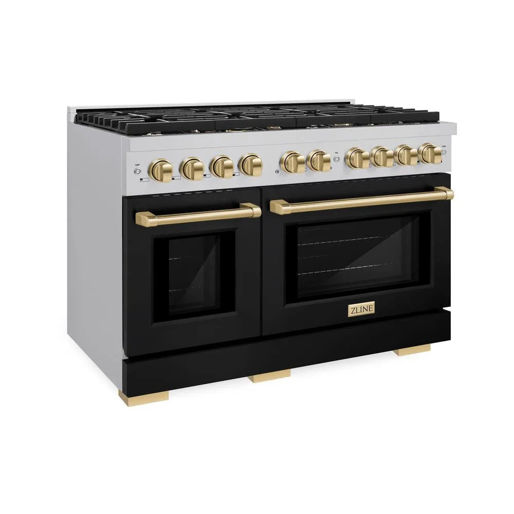 ZLINE Autograph Edition Paramount 48-inch range in stainless steel with black matte door and polished gold accents SDRZ-BLM-48-G