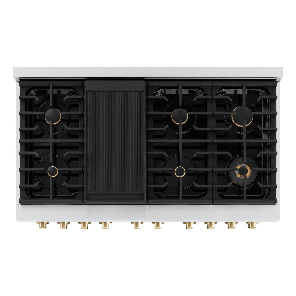 ZLINE Autograph Edition Paramount 48-inch range in stainless steel with black matte door and polished gold accents SDRZ-BLM-48-G, from above