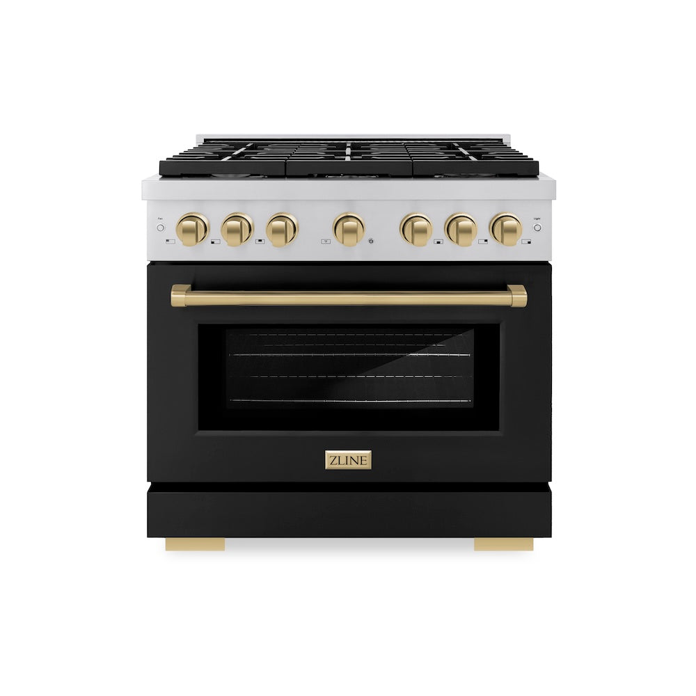 ZLINE Autograph Edition Paramount 36-inch range in stainless steel with black matte door and champagne bronze accents SGRZ-BLM-36-CB, front view