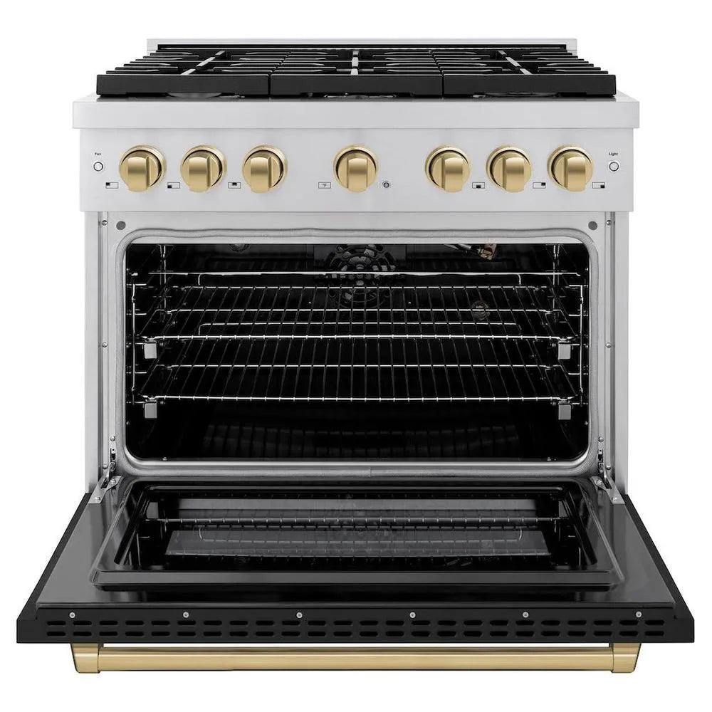 ZLINE Autograph Edition Paramount 36-inch range in stainless steel with black matte door and champagne bronze accents SGRZ-BLM-36-CB, front view