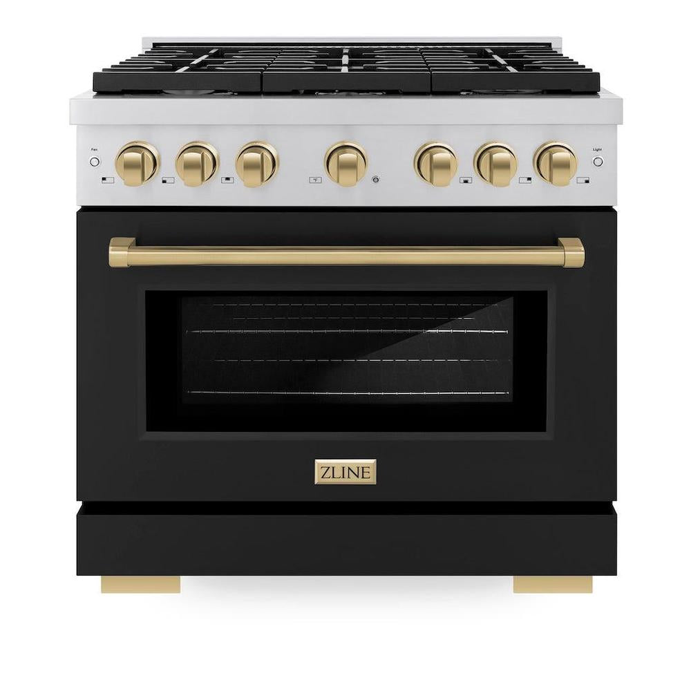 ZLINE Autograph Edition Paramount 36-inch range in stainless steel with black matte door and champagne bronze accents SGRZ-BLM-36-CB, front view