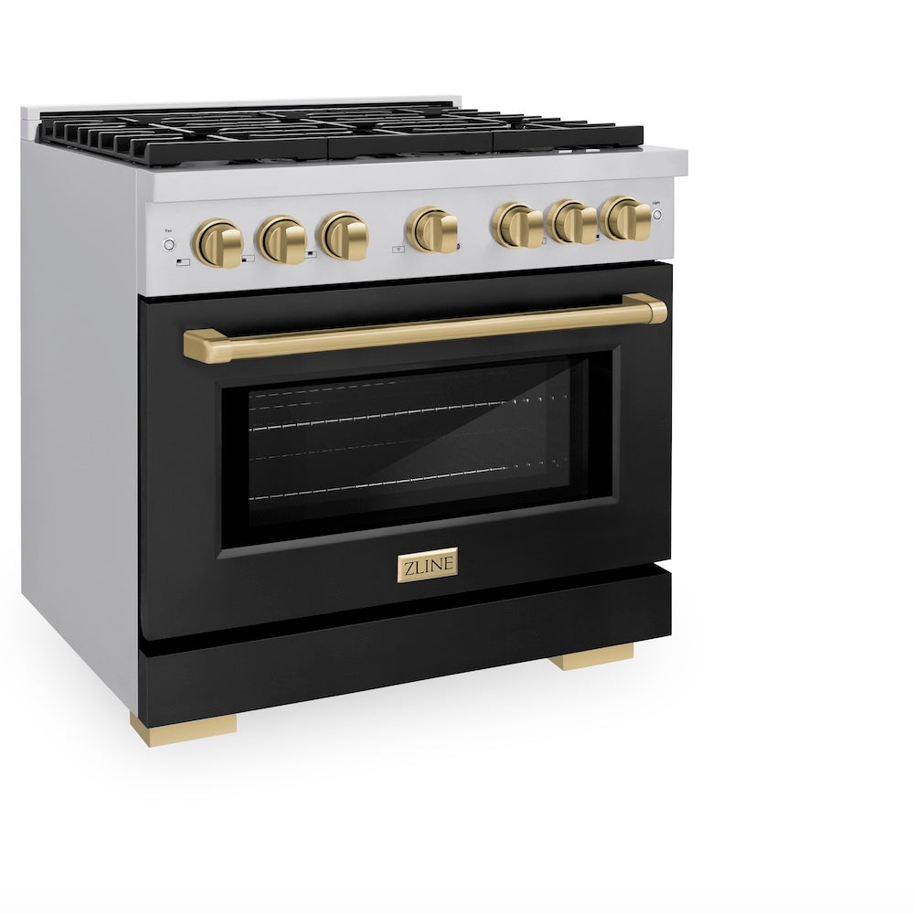 ZLINE Autograph Edition Paramount 36-inch range in stainless steel with black matte door and champagne bronze accents SGRZ-BLM-36-CB, view 3